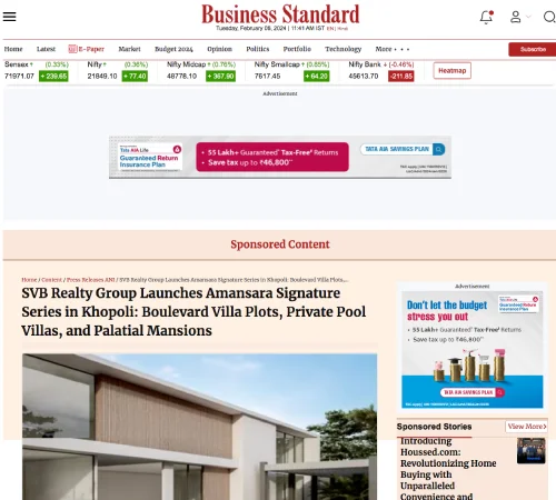 Business Standard website featured in magazine SVB Realty launches Amansara Signature Series in Khopoli